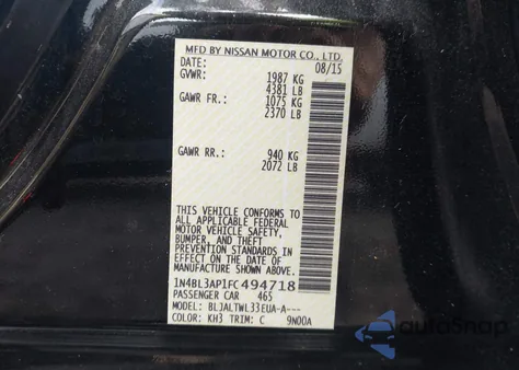 2015 Nissan Altima 3.5 S/3.5 Sl/3.5 Sv из США, поврежденный, VIN 1N4BL3AP1FC494718